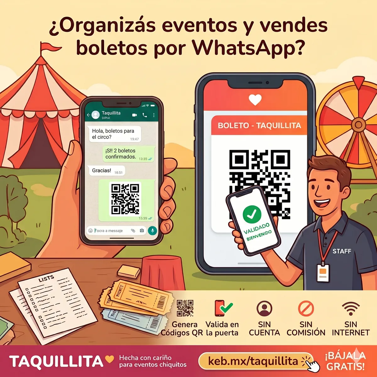 Organizador vendiendo boletos con QR por WhatsApp en un evento con carpa de circo