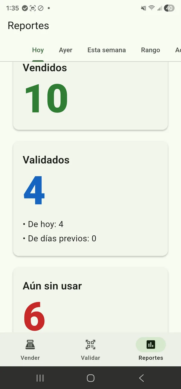 Pantalla Reportes con vendidos, validados y aún sin usar